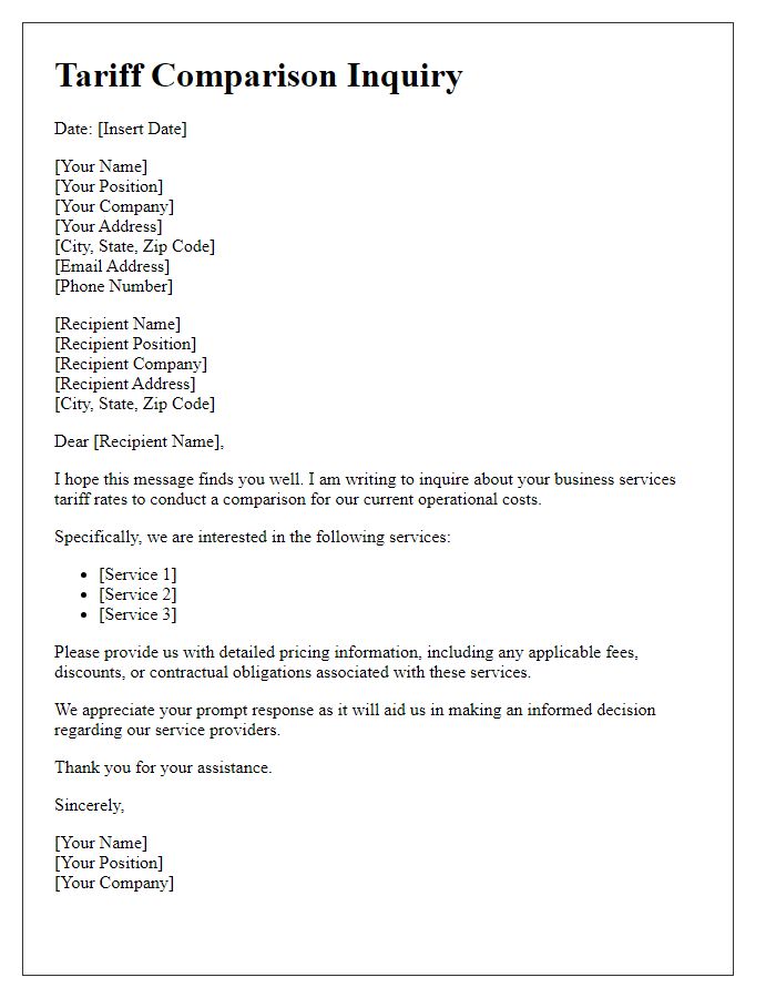 Letter template of tariff comparison inquiry for business services.