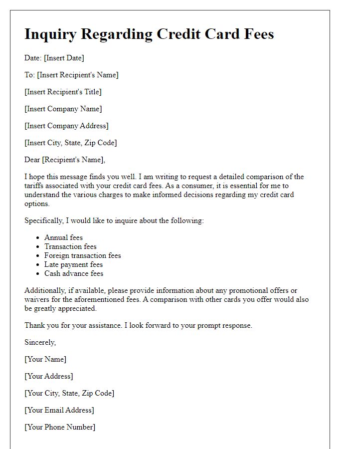 Letter template of tariff comparison inquiry for credit card fees.