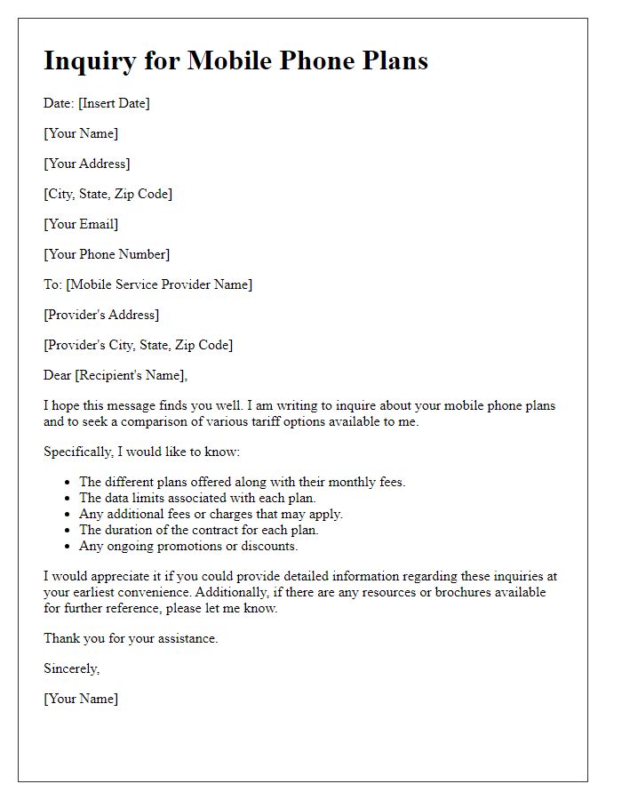 Letter template of tariff comparison inquiry for mobile phone plans.