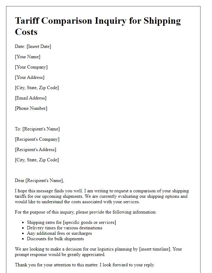 Letter template of tariff comparison inquiry for shipping costs.