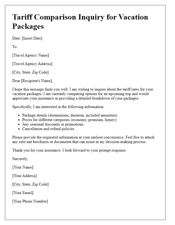 Letter template of tariff comparison inquiry for vacation packages.