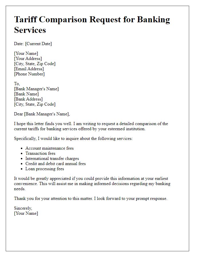 Letter template of tariff comparison request for banking services.