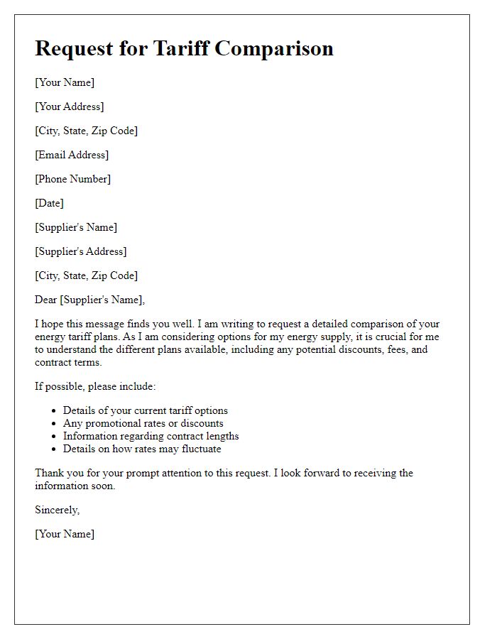 Letter template of tariff comparison request for energy suppliers.