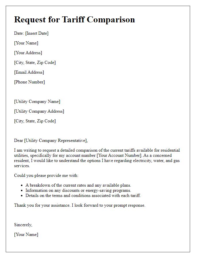 Letter template of tariff comparison request for residential utilities.