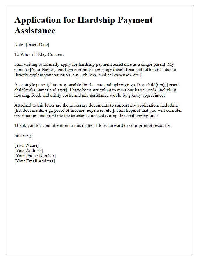 Letter template of application for hardship payment assistance for single parents.