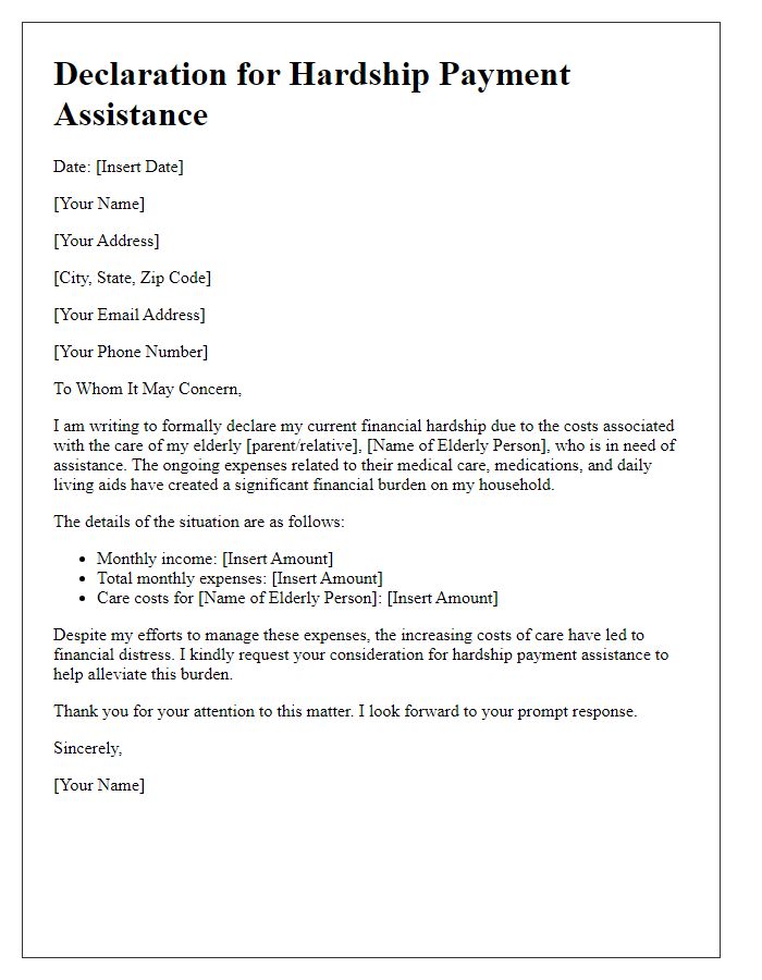 Letter template of declaration for hardship payment assistance due to elderly care costs.