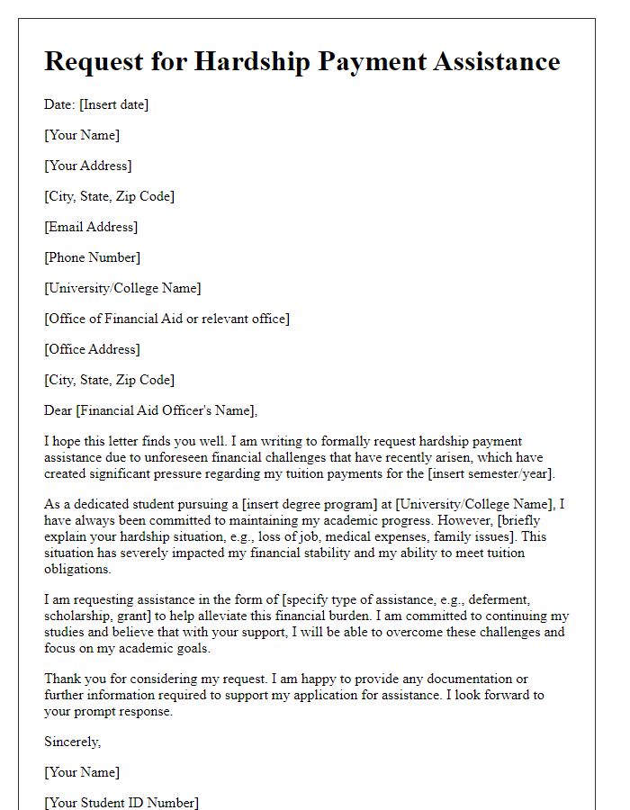 Letter template of submission for hardship payment assistance for students facing tuition pressure.