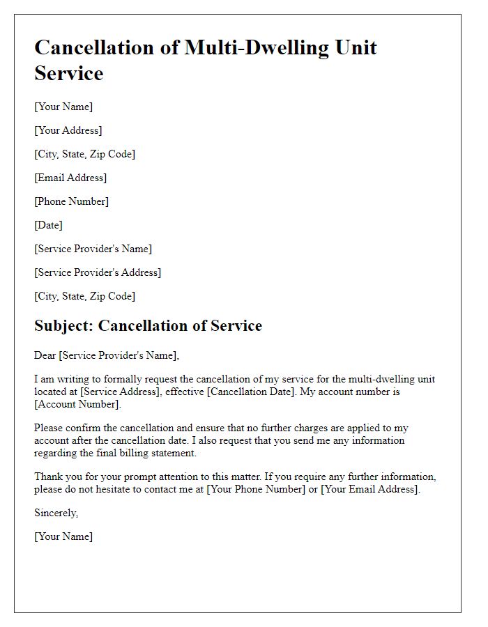 Letter template of cancellation for multi-dwelling unit service.