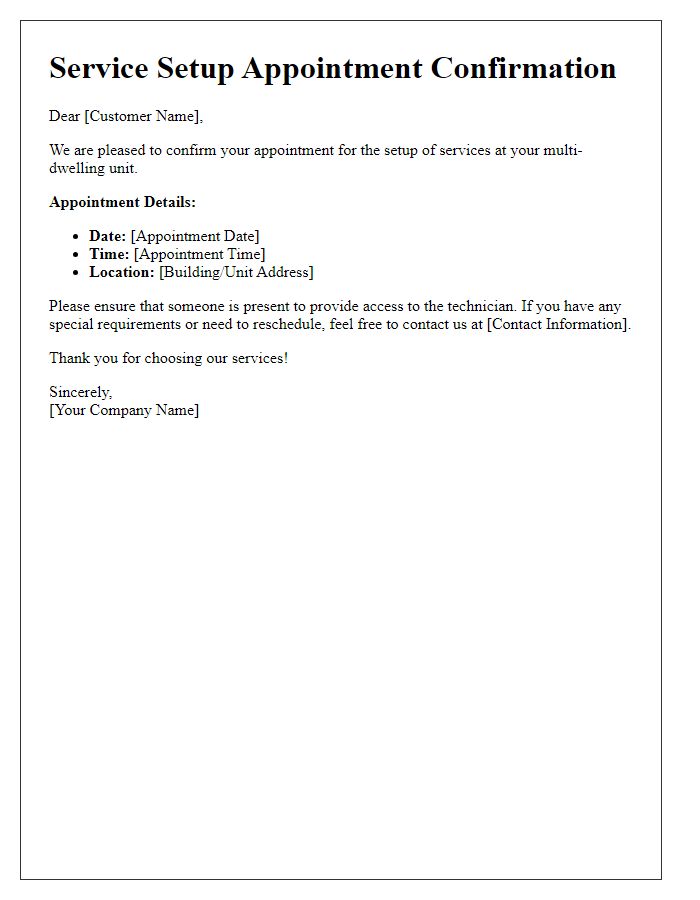 Letter template of confirmation for multi-dwelling unit service setup appointment.