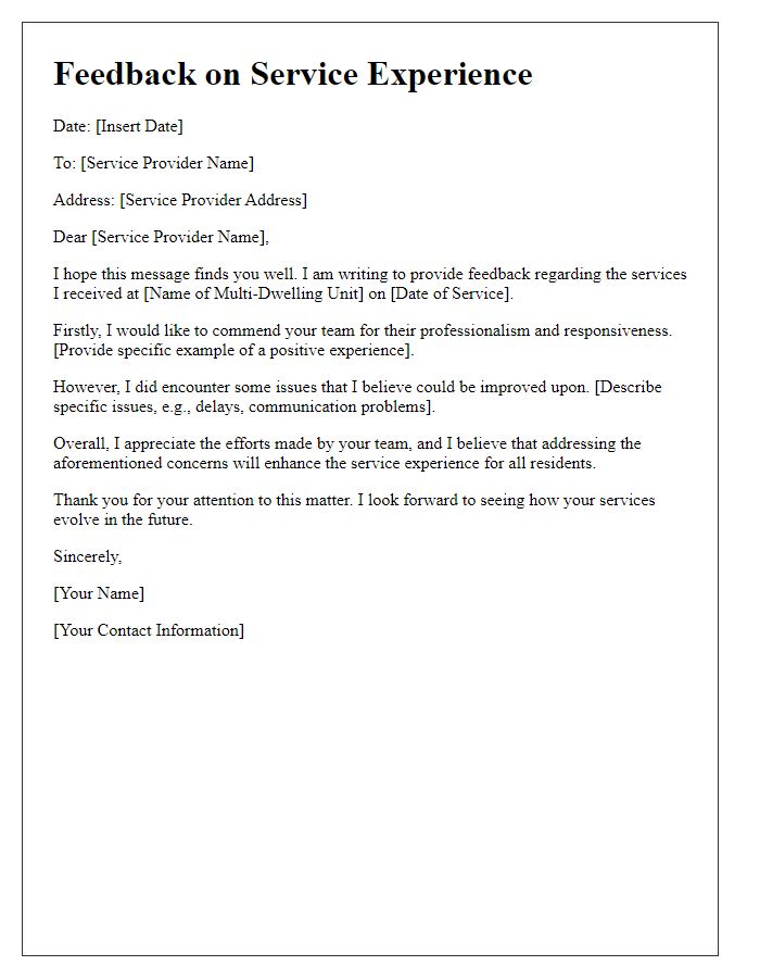 Letter template of feedback for multi-dwelling unit service experience.