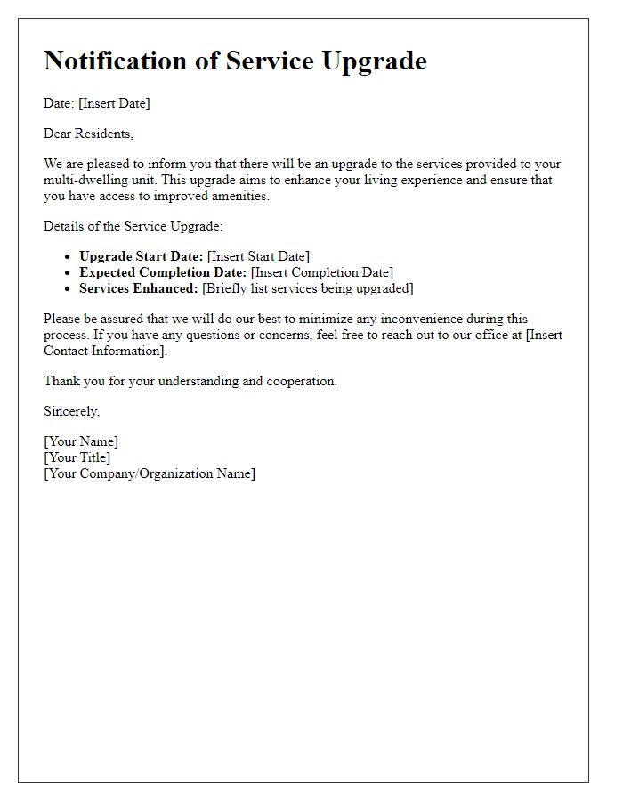 Letter template of notification for multi-dwelling unit service upgrade.