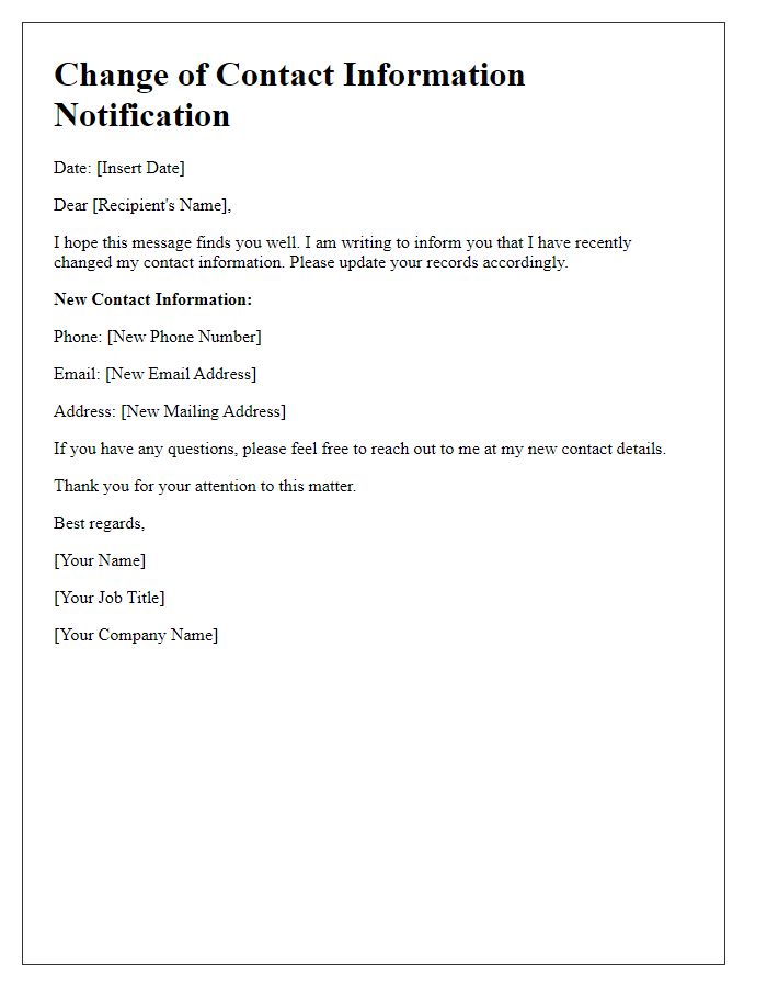 Letter template of Change of Contact Information Notification