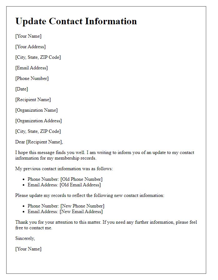 Letter template of Update Contact Information for Membership Records