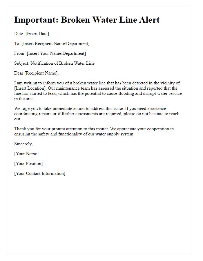 Letter template of broken water line alert