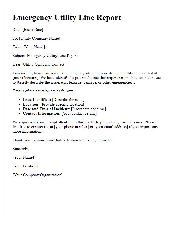 Letter template of emergency utility line report