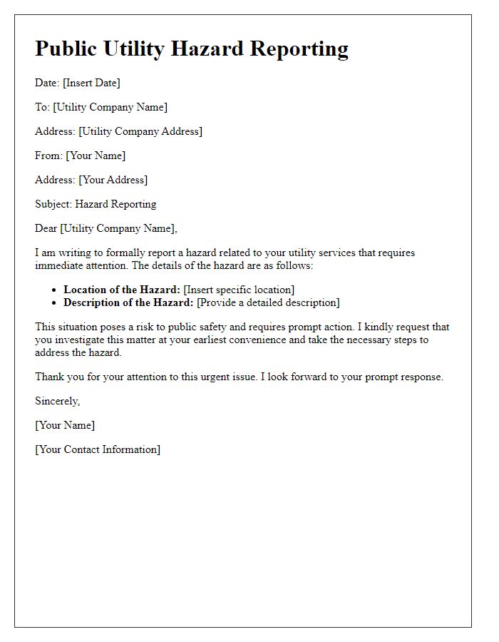 Letter template of public utility hazard reporting