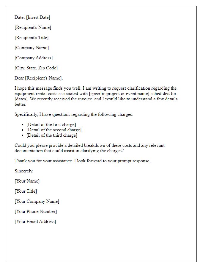 Letter template of clarification request for equipment rental costs.