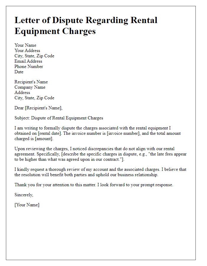 Letter template of dispute regarding rental equipment charges.