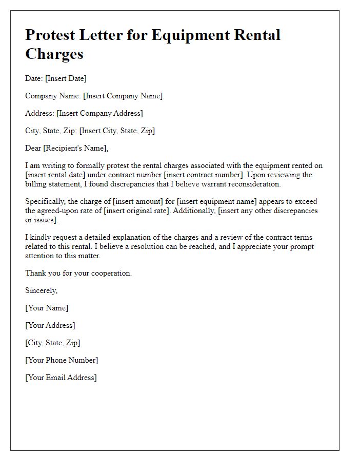 Letter template of equipment rental charges protest.