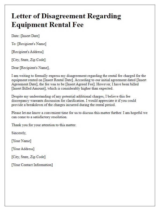 Letter template of equipment rental fee disagreement.