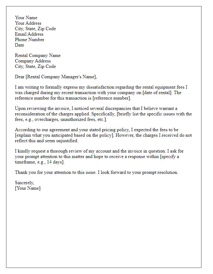 Letter template of formal complaint about rental equipment fees.