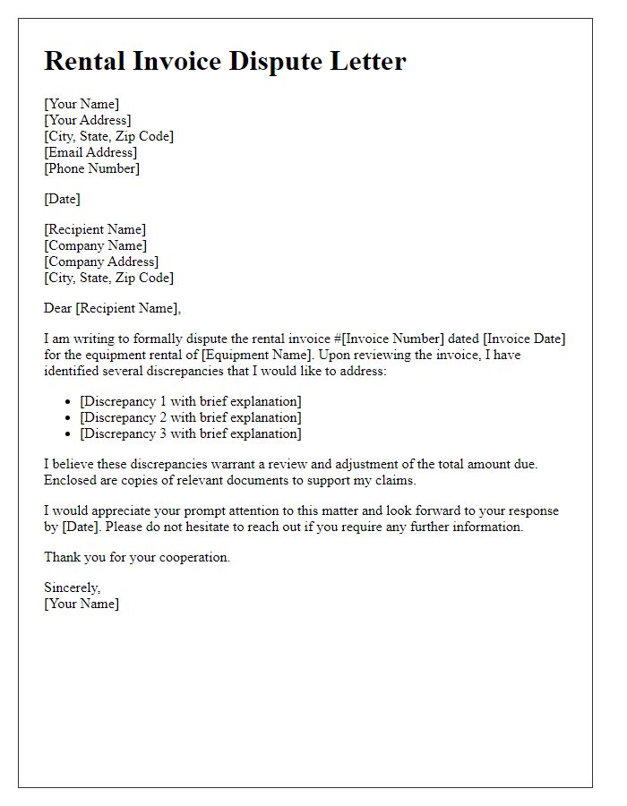 Letter template of rental invoice dispute for equipment.