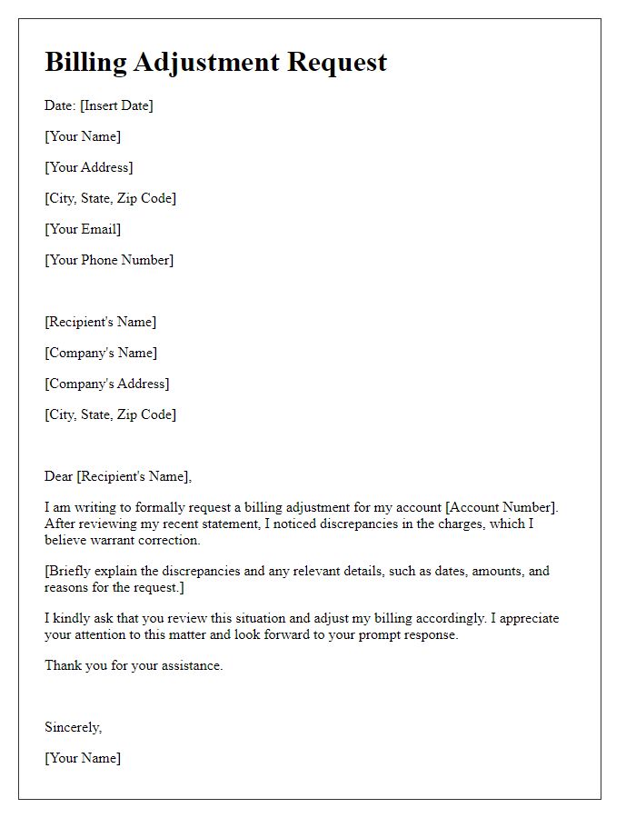 Letter template of billing adjustment request