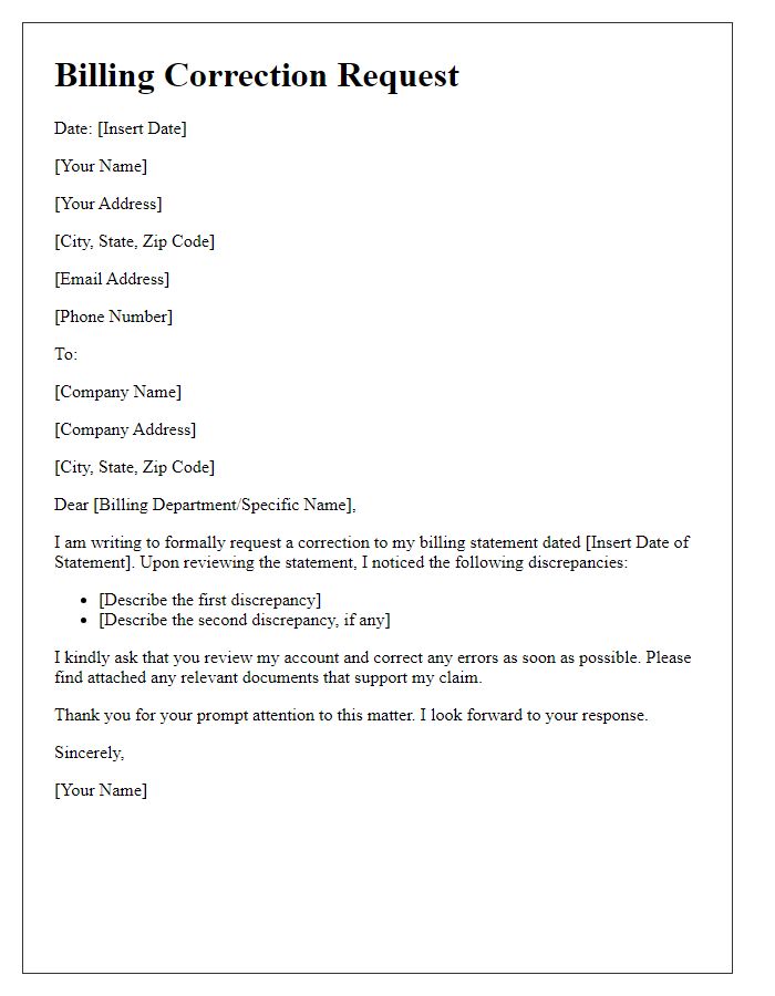 Letter template of billing correction request