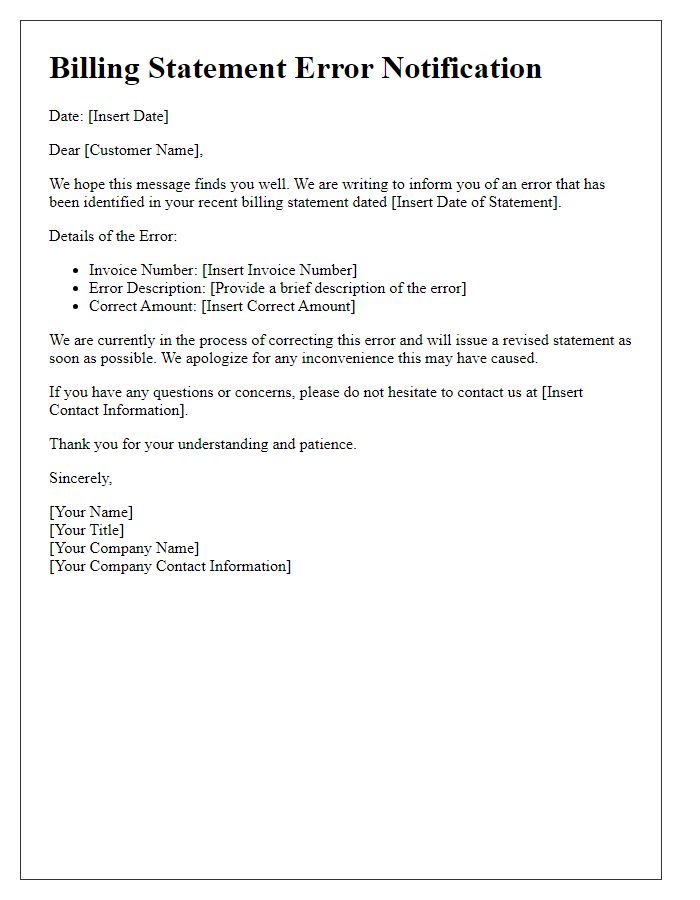 Letter template of billing statement error notification