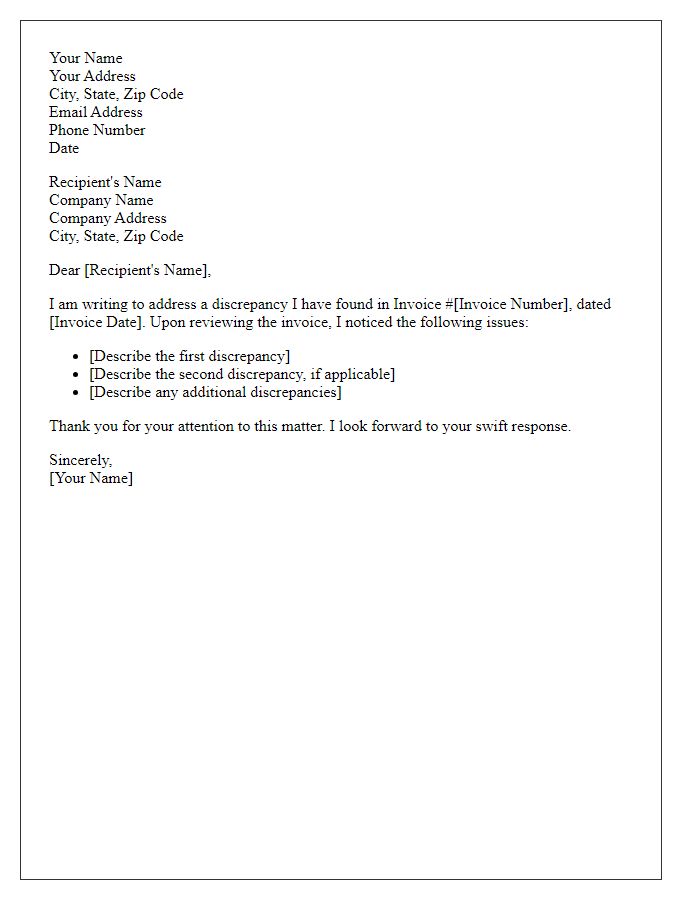 Letter template of invoice discrepancy complaint