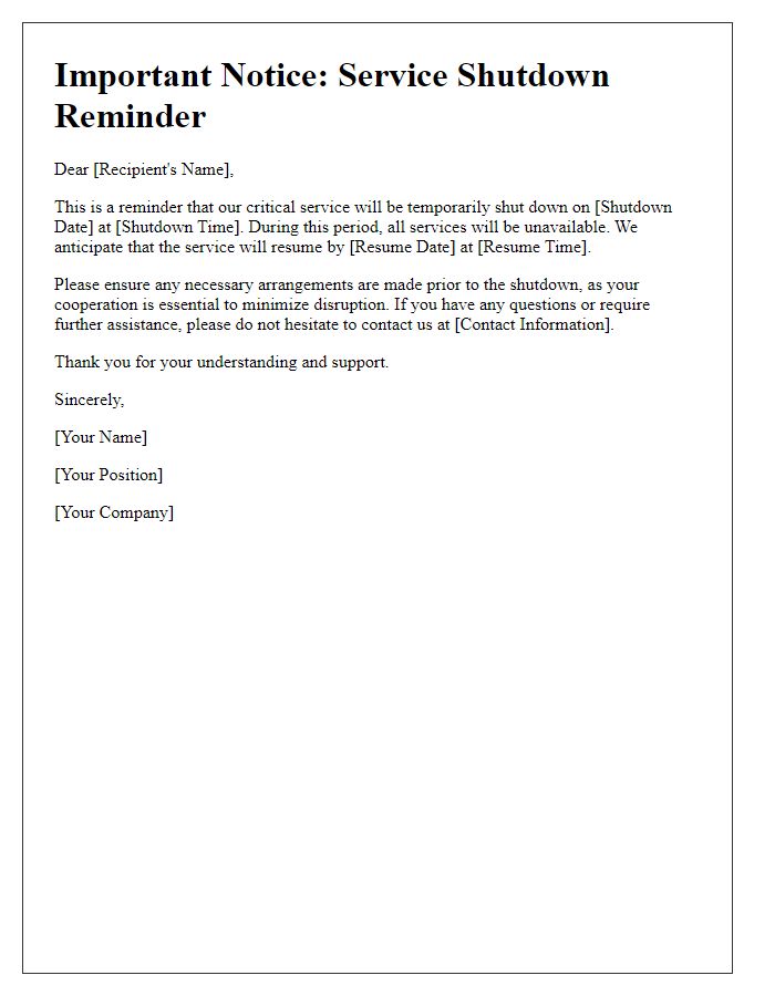 Letter template of critical service shutdown reminder