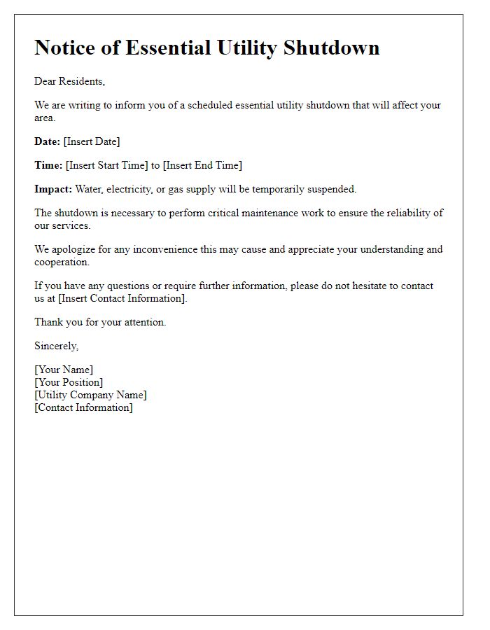 Letter template of essential utility shutdown announcement