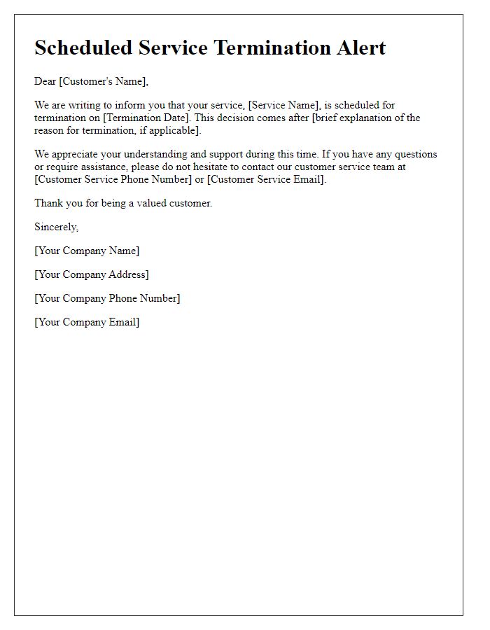 Letter template of scheduled service termination alert