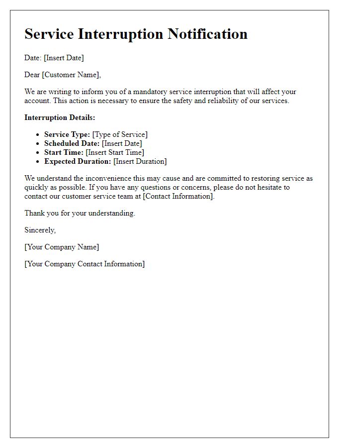 Letter template of service interruption notification due to mandatory shutoff