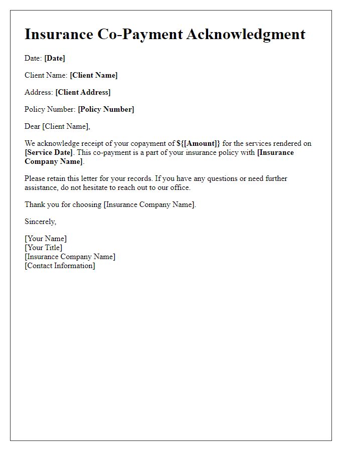 Letter template of insurance co-payment acknowledgment for clients