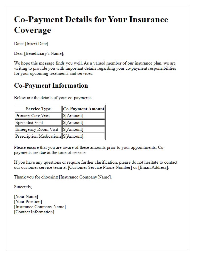 Letter template of insurance co-payment details for beneficiaries