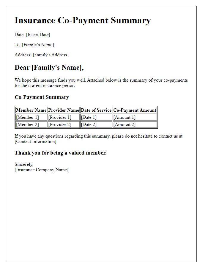 Letter template of insurance co-payment summary for families