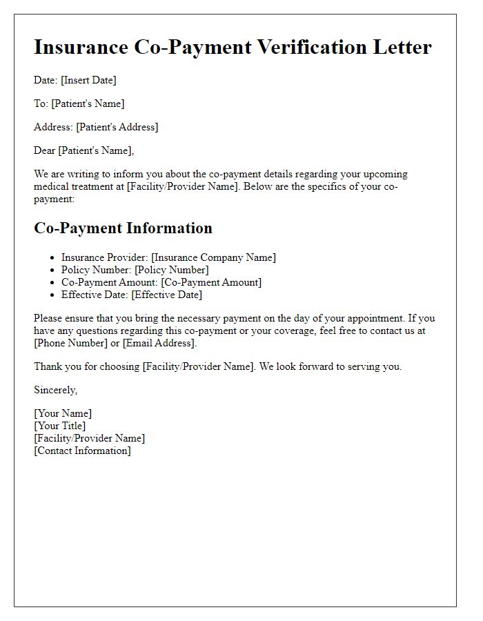 Letter template of insurance co-payment verification for patients