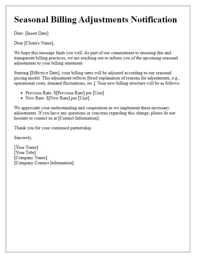 Letter template of seasonal billing adjustments for commercial clients