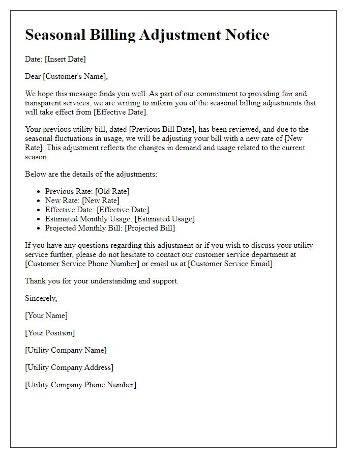 Letter template of seasonal billing adjustments for utility services