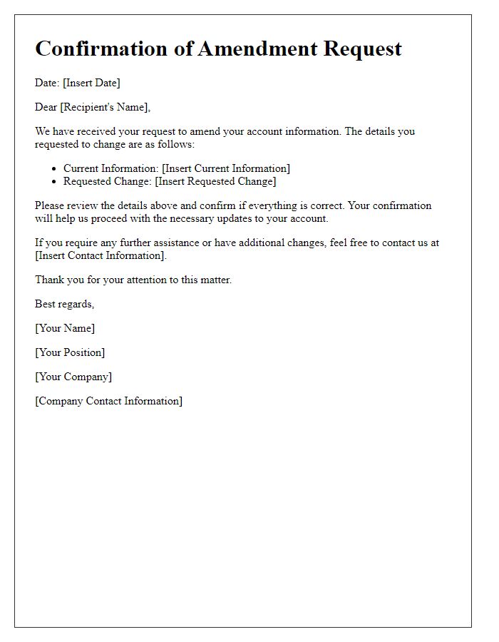 Letter template of confirmation for need to amend account information