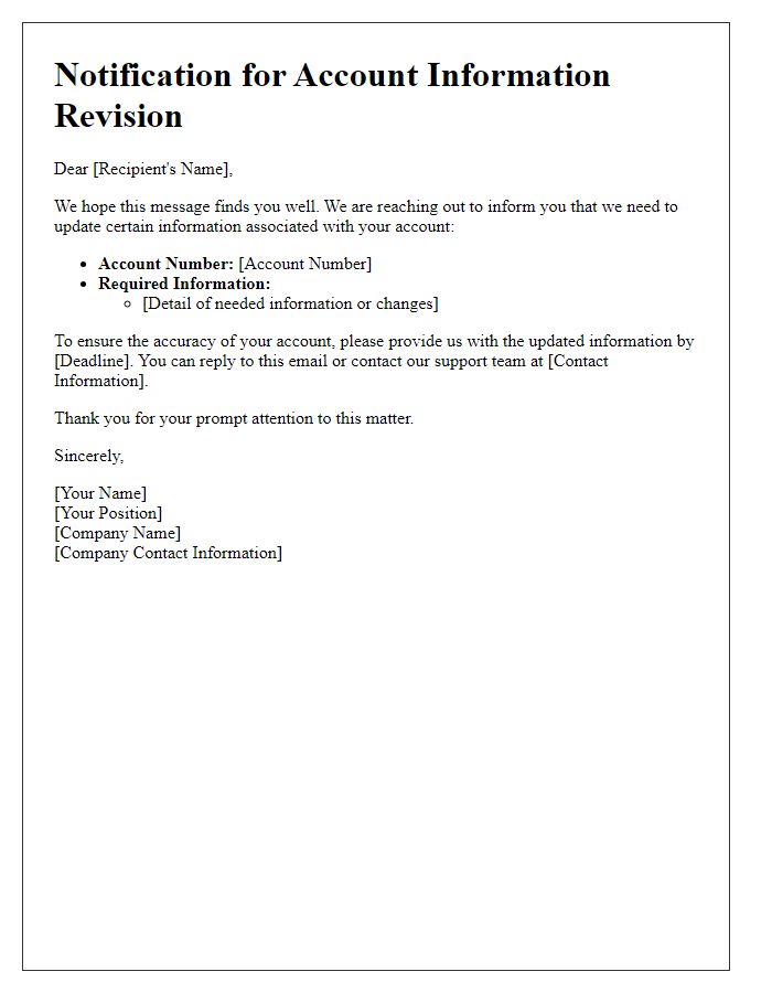 Letter template of notification for needed account information revision