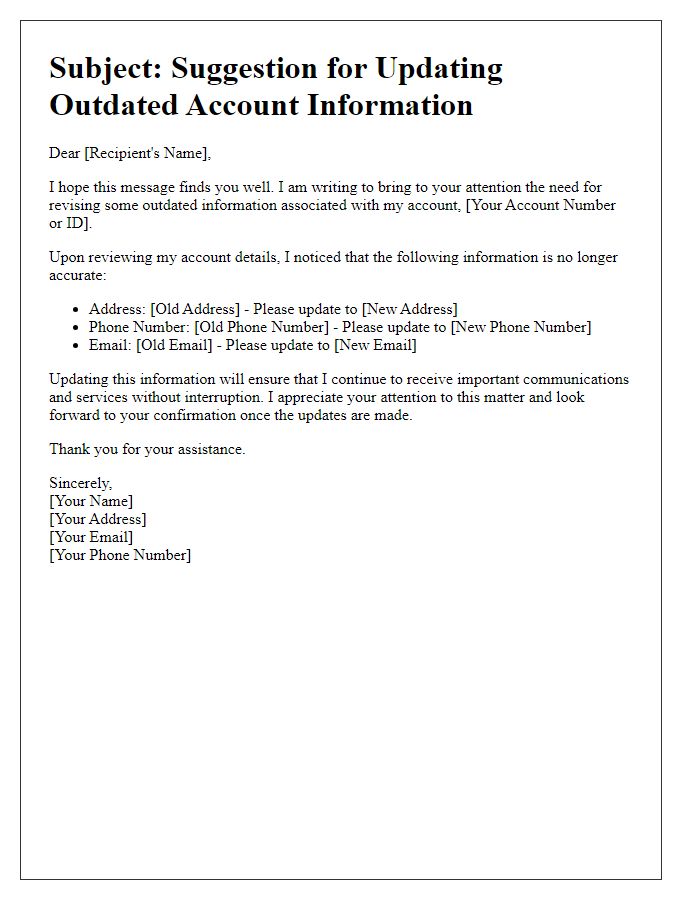 Letter template of suggestion for revising outdated account info