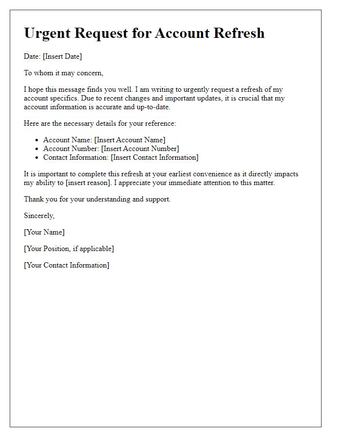 Letter template of urgency for refreshing account specifics