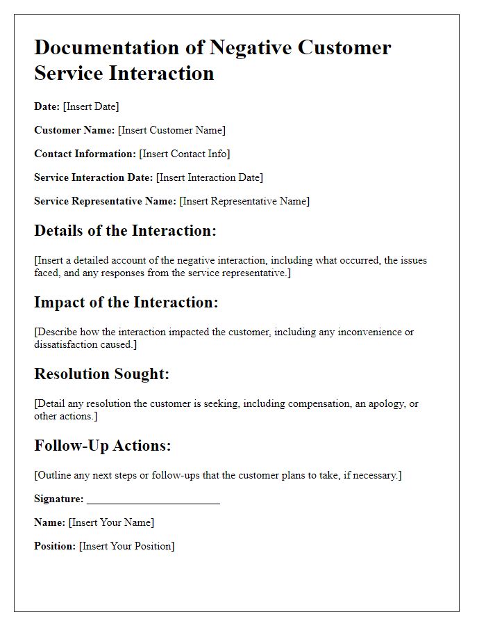 Letter template of documentation of negative customer service interaction.