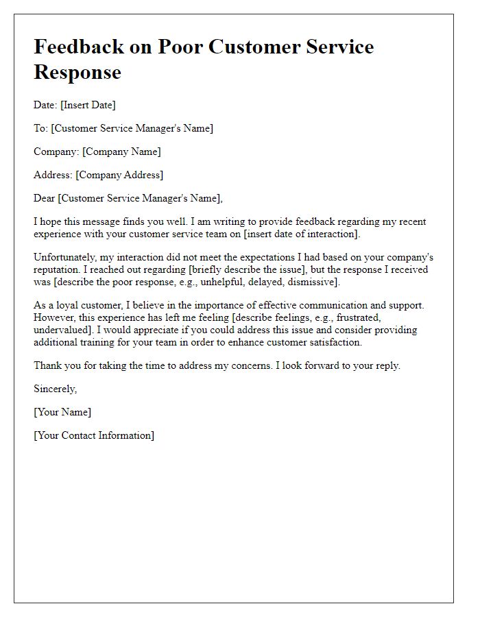 Letter template of feedback on poor customer service response.