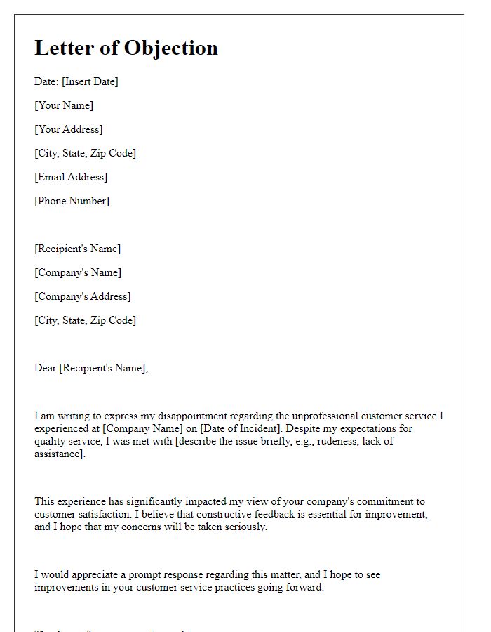 Letter template of objection to unprofessional customer service.