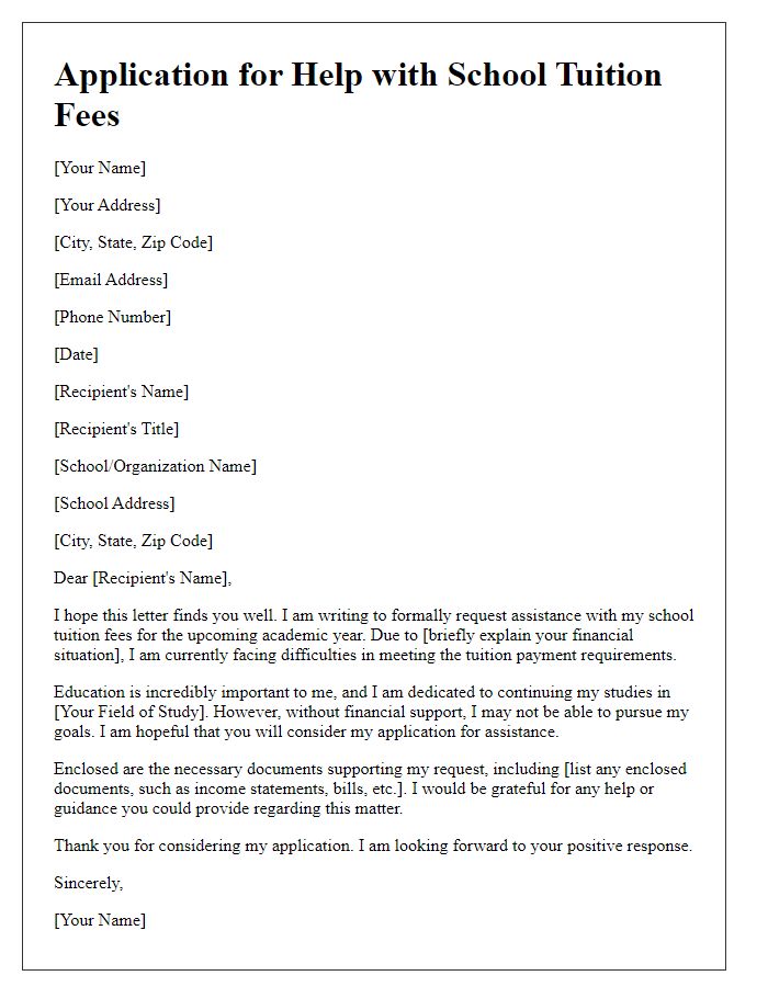 Letter template of application for help with school tuition fees