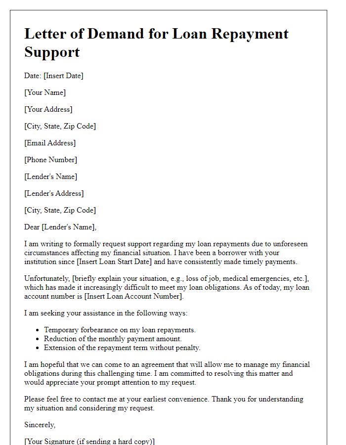 Letter template of demand for support with loan repayments