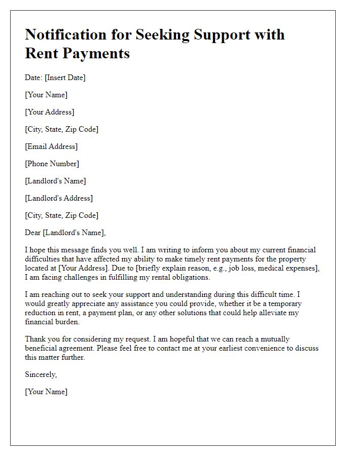 Letter template of notification for seeking support with rent payments